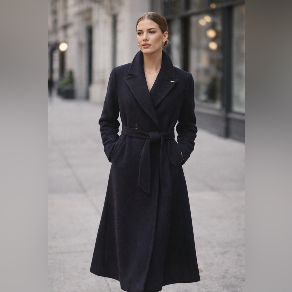 DKNY Women's Black Notched Collar Double Breasted Long Wrap Coat Size S